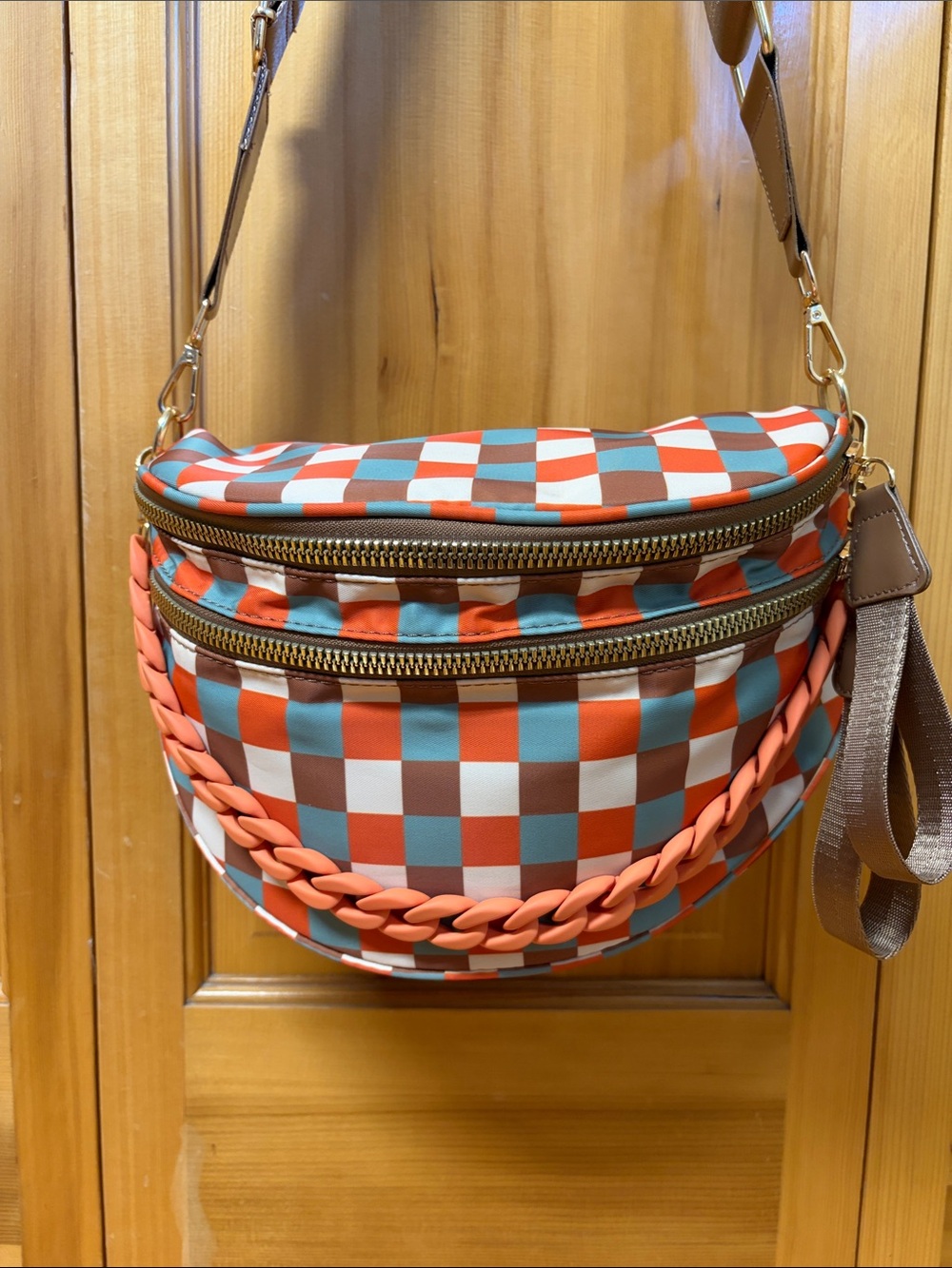 Emmafy Checkerboard Crossbody Hands-Free Bum Bag with Coral Chain Accent.